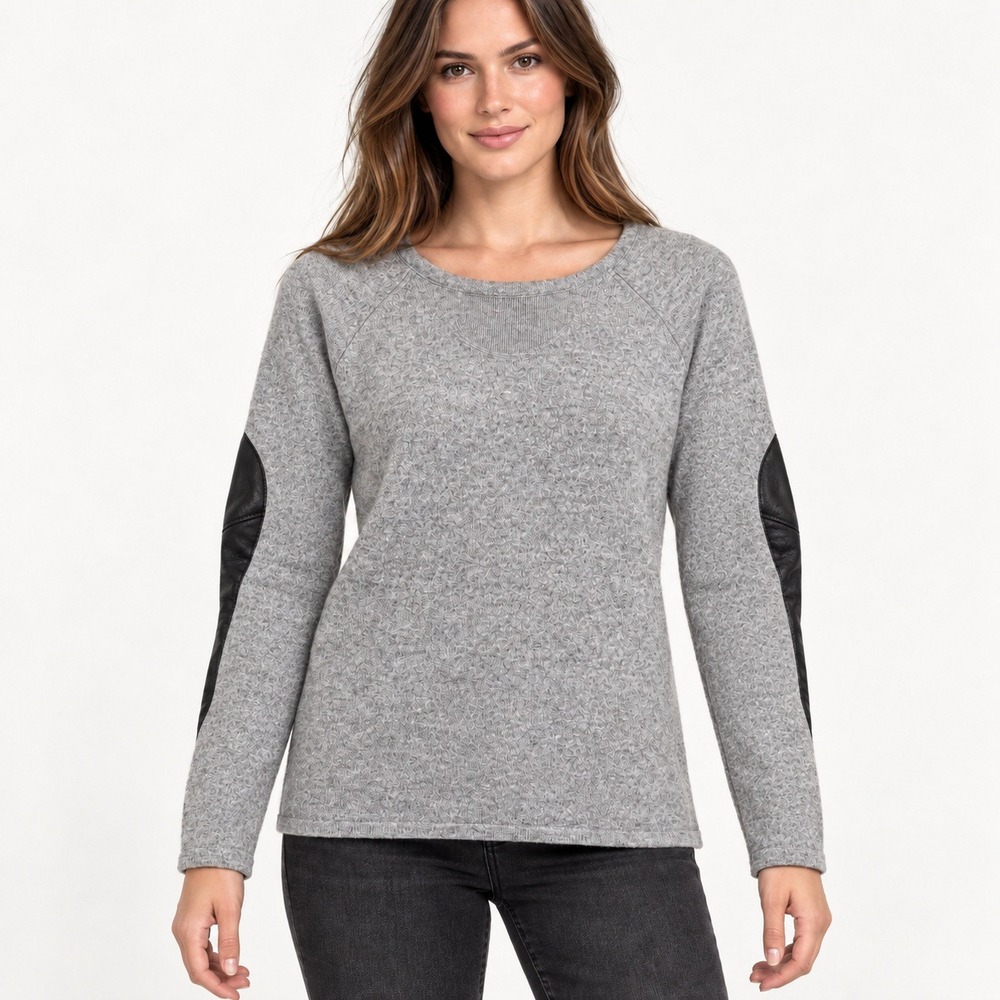 AIKO Grey Wool Cashmere Blend Sweater with Black Lamb Leather Sleeve Trim Medium